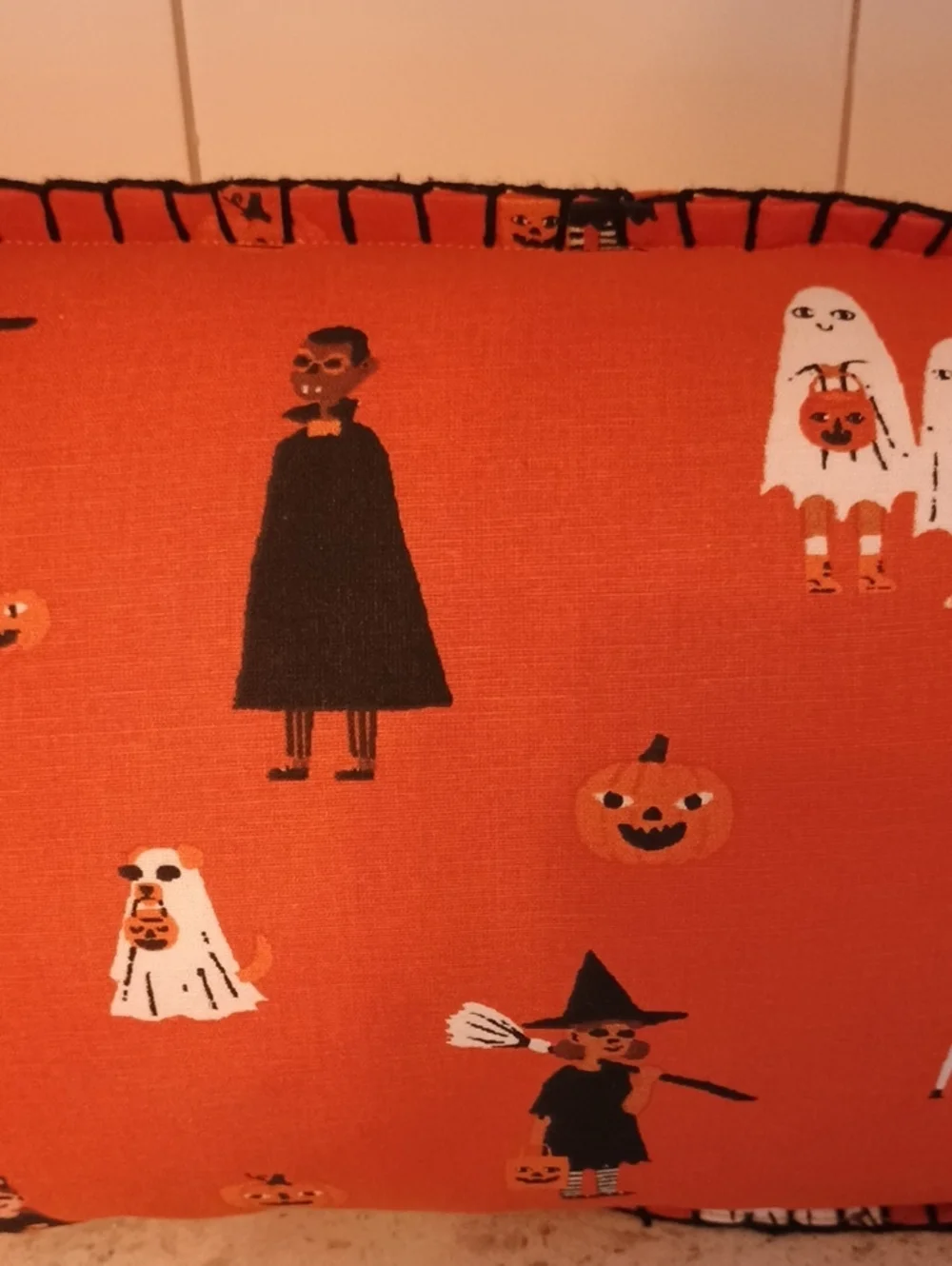 Halloween Orange Decorative Pillow with Spooky Character Print